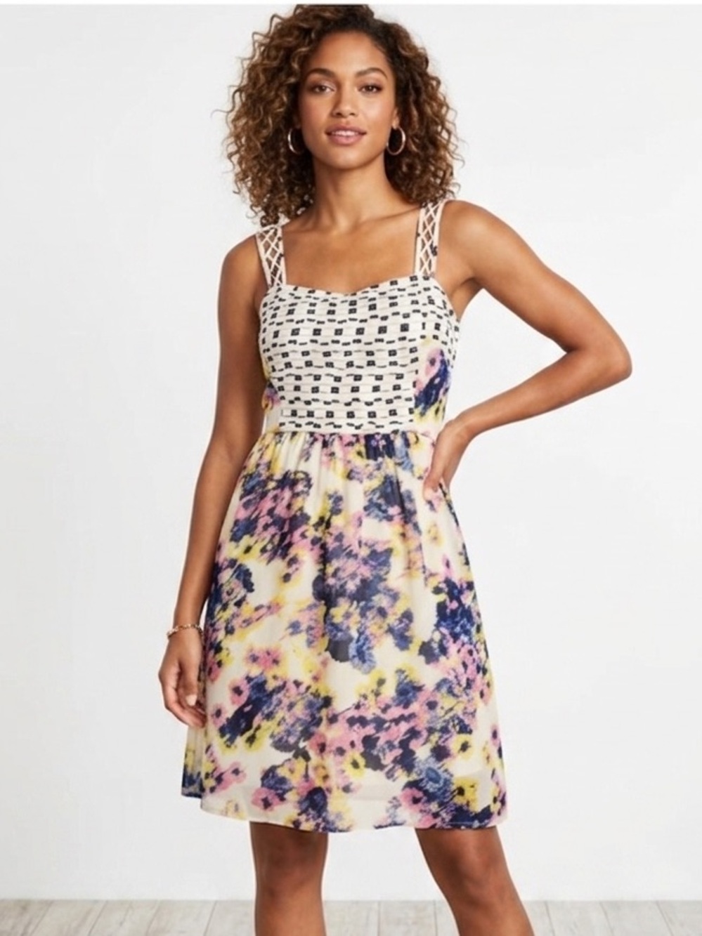 Bar III Cream Smocked Floral Cami Dress with Black Blooms